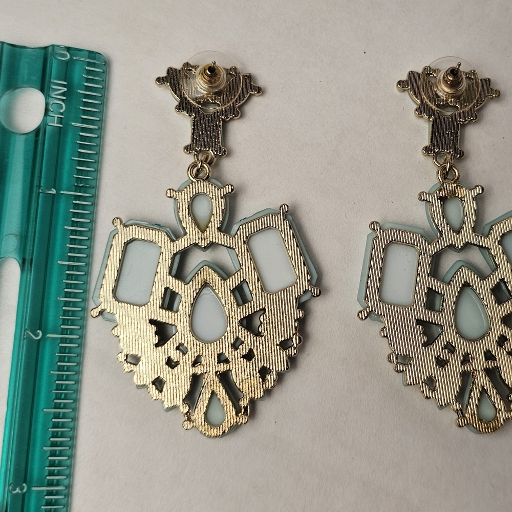 Dangle Earrings ■□ Gold Toned □■ Studded Blue Gem Stones - Picture 7 of 12